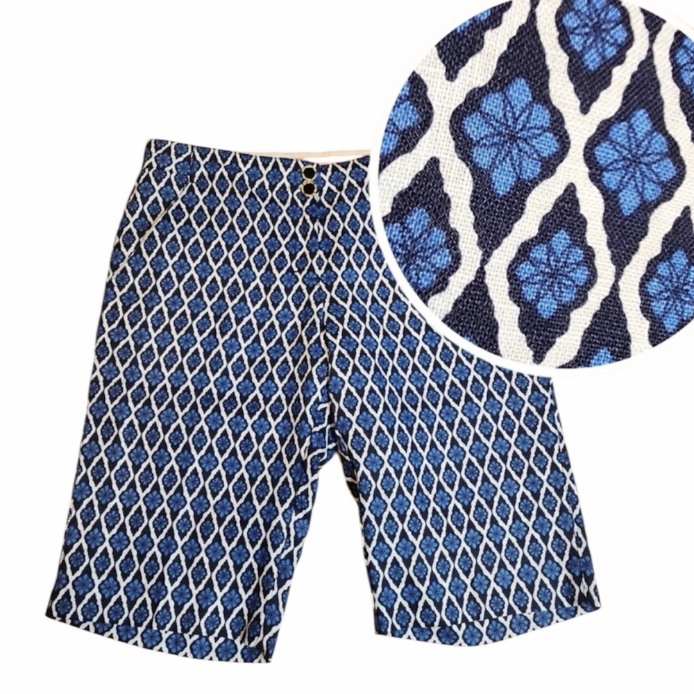 Tory Burch 100%‎ linen Bermuda Matthew Shorts Blue Trellis pattern Women’s 6